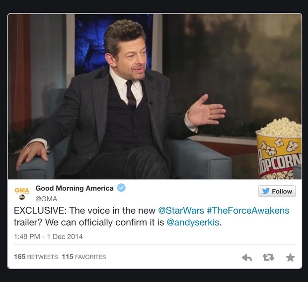 Sí, la voz del trailer de STAR WARS VII es ANDY SERKIS