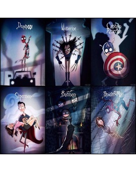 Superhéroes animados por Tim Burton según Andrew Tarusov.