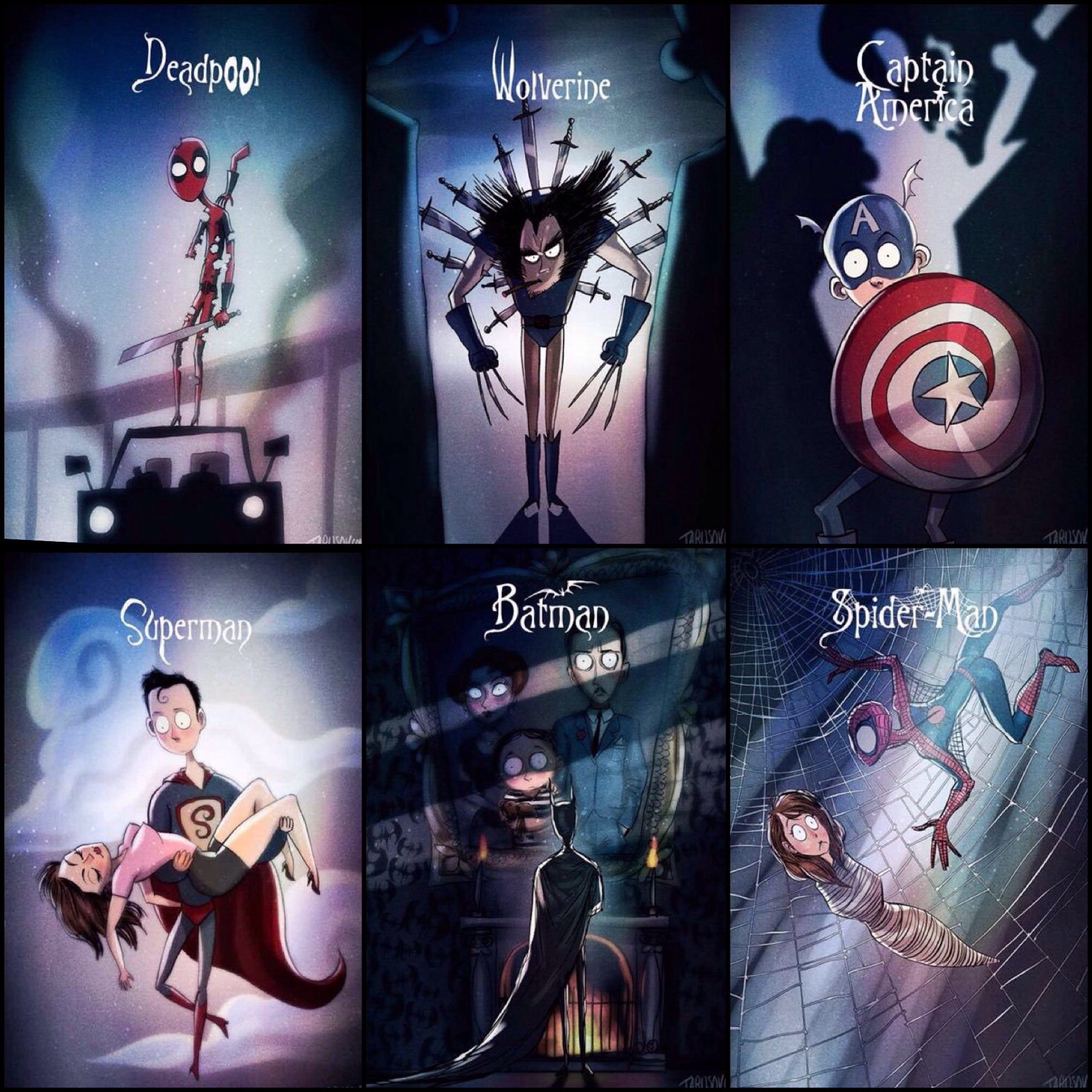 Superhéroes animados por Tim Burton según Andrew Tarusov.