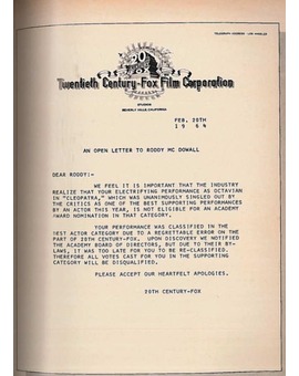 Carta pública de disculpas de Twentieth Century Fox a Roddy McDowall.
