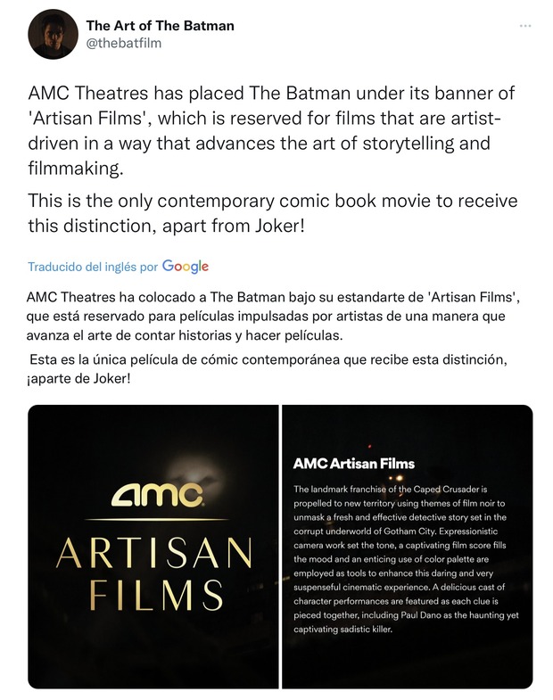 AMC Theatres coloca 'The Batman' la calificación 'Artisan Films'.