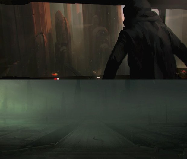 Concept art de John McCoy con Kylo Ren en un fantasmagórico Coruscant.