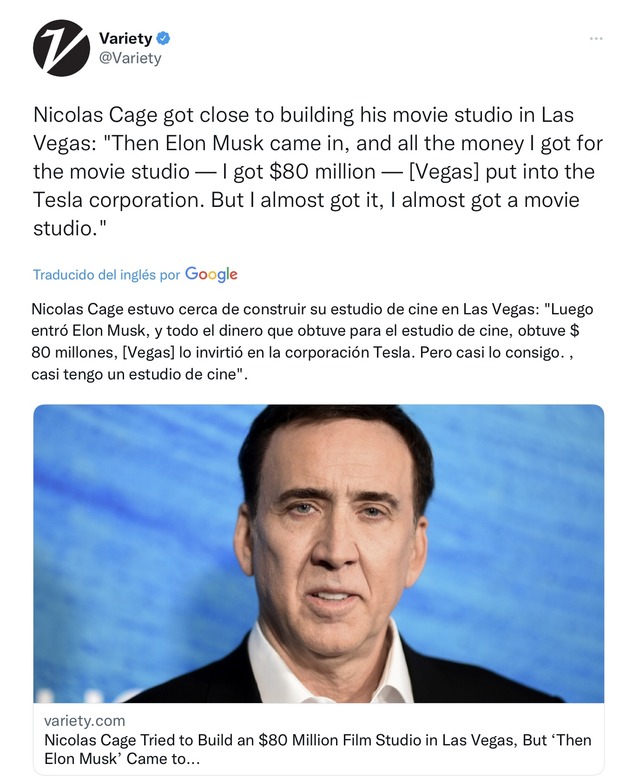 Elon Musk dejó sin estudio cinematográfico propio a Nicolas  Cage.