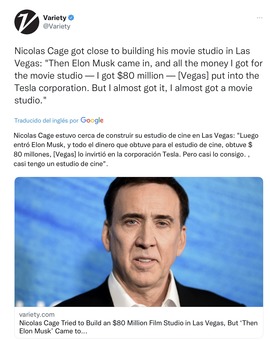 Elon Musk dejó sin estudio cinematográfico propio a Nicolas  Cage.