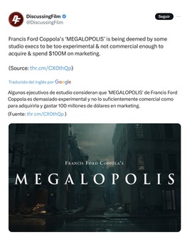 Malas noticias, 'Megalopolis' de Francis F. Coppola tiene problemas para encontrar distribuidores.