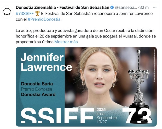 Jennifer Lawrence premio Donostia 2025.