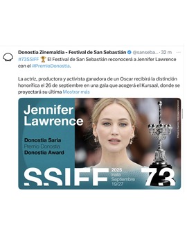Jennifer Lawrence premio Donostia 2025.