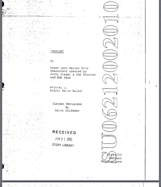 'ASYLUM: BATMAN VS SUPERMAN' AQUEL VIEJO GUIÓN DEL 2002 DE ANDREW KEVIN WALKER REVISADO POR AKIVA GOLDSMAN (EN PDF E INGLÉS)