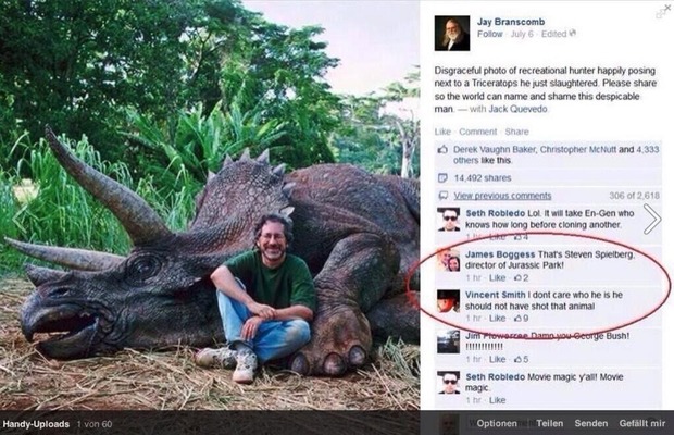  ¡Genio!:  - Es Spielberg: dtor de Jurassic Park.  - Me da igual quién sea. No debería haber matado a ese animal.