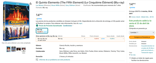 El Quinto Elemento Bluray ¿Por qué no aparece en Mubis esta edición?