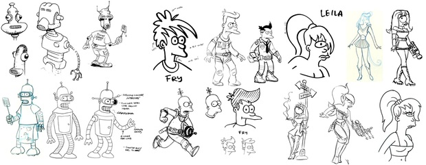 Algunos bocetos de los protagonistas de Futurama