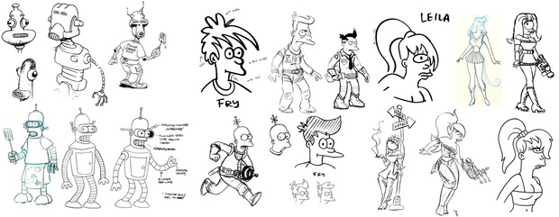 Algunos bocetos de los protagonistas de Futurama