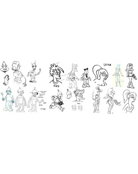 Algunos bocetos de los protagonistas de Futurama