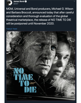 Retrasan NO TIME TO DIE hasta Noviembre por el Coronavirus