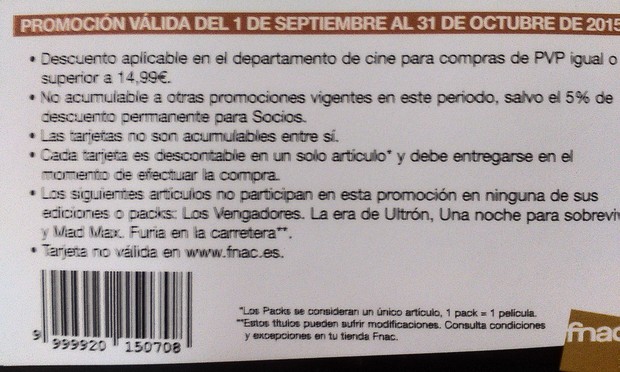 Reverso y condiciones del cupón descuento de 10e fnac