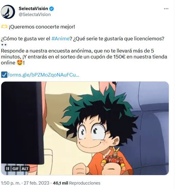 selecta sortea 150 euros en anime entre los que respondan uncuestionario