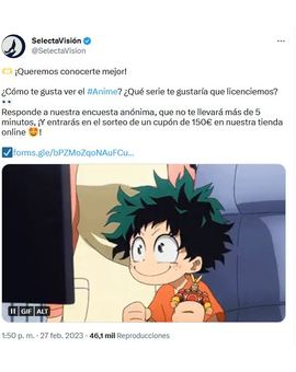 selecta sortea 150 euros en anime entre los que respondan uncuestionario