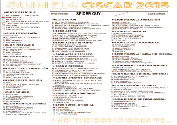 QUINIELA OSCARS 2015 ( SPIDER GUY )