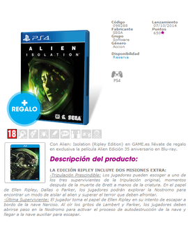 ALIEN 35 aniversario de regalo con la reserva de Alien: Isolation