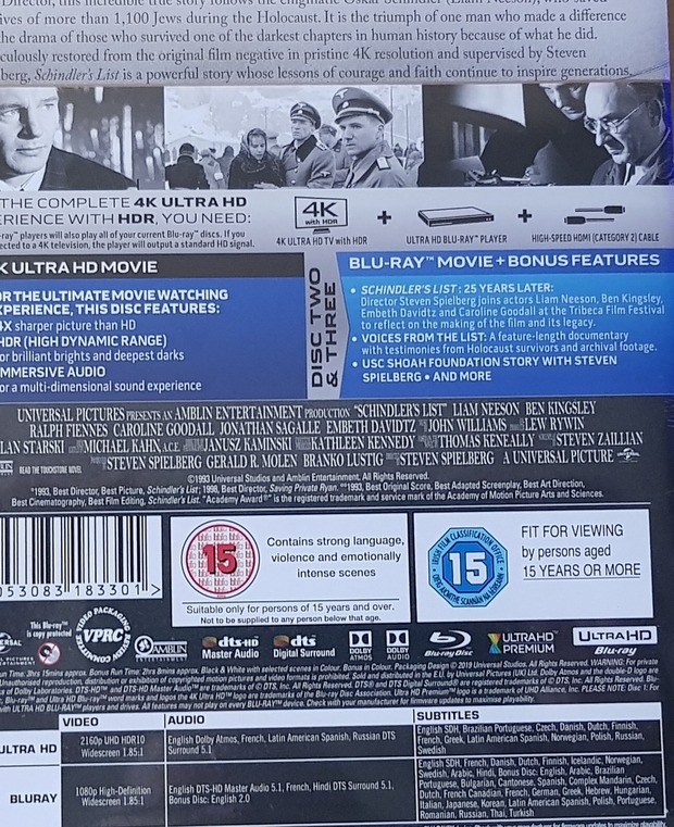 Idiomas del steelbook Schindler’s List inglés