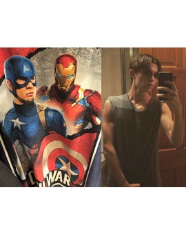 CAPTAIN AMERICA CIVIL WAR, otra camiseta con los nuevos trajes de Iron Man y el Capitán, y corte de pelo de Tom Holland al estilo Ultimate SpiderMan