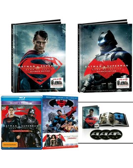 Digibooks lenticulares con libro de arte, con novela gráfica, steelbook reversible con castellano y horrible caratula australiana del bluray de Batman v Superman