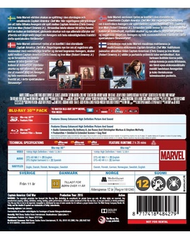 Civil War - Capitán América, carátula trasera de la edición nórdica con castellano en el disco 3D