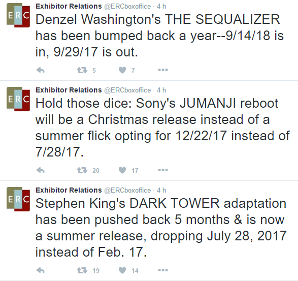La Torre Oscura se queda con la fecha de Jumanji, que pasa al 22 de diciembre de 2017 (lo va a tener fácil); The Equalizer 2 se retrasa al 24 de septiembre del 2018