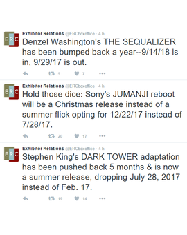 La Torre Oscura se queda con la fecha de Jumanji, que pasa al 22 de diciembre de 2017 (lo va a tener fácil); The Equalizer 2 se retrasa al 24 de septiembre del 2018