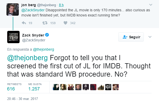 Zack Snyder "confirma" (con evidente sarcasmo) que ha proyectado el primer corte de Justice League a IMDB como es el procedimiento estándar en Warner Bros