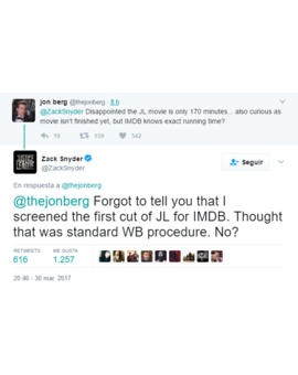 Zack Snyder "confirma" (con evidente sarcasmo) que ha proyectado el primer corte de Justice League a IMDB como es el procedimiento estándar en Warner Bros