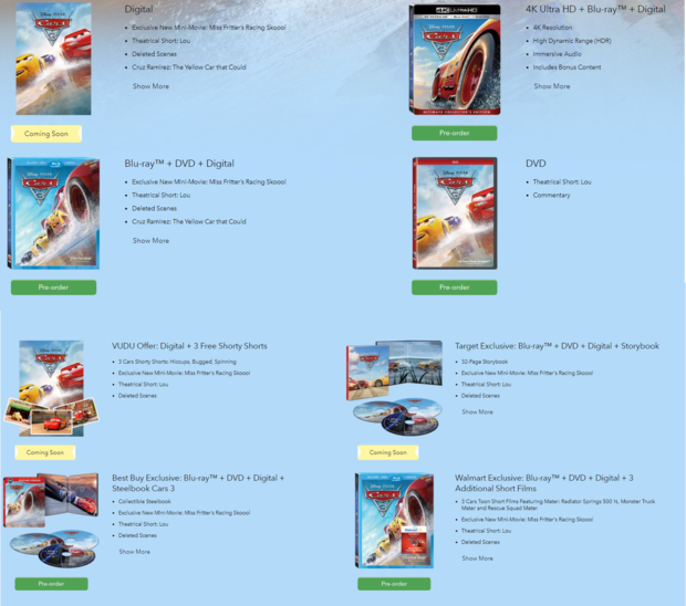 Ediciones americanas de Cars 3 en blu-ray y 4K, y extras