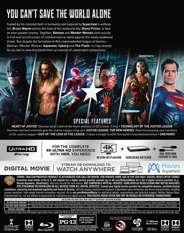 Contraportada del bluray y 4k de La Liga de la Justicia