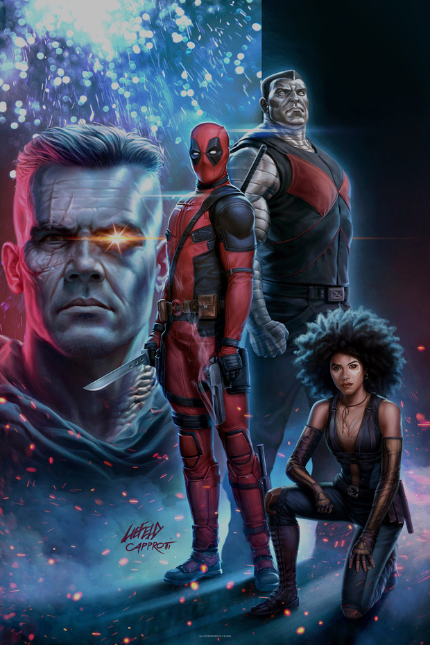 Póster de Deadpool 2 de  Mike Capprotti y Rob Liefeld recreando la primera aparición del personaje en Nuevos Mutantes #98