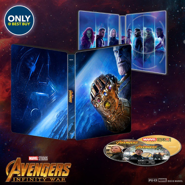 Estuche metálico de Best Buy de Vengadores La Guerra del Infinito con 4k, blu-ray y lo que parece disco de extras conmemorativo del 10 aniversario