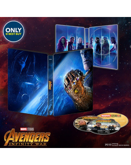 Estuche metálico de Best Buy de Vengadores La Guerra del Infinito con 4k, blu-ray y lo que parece disco de extras conmemorativo del 10 aniversario