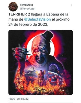 Terrifier 2. El 24 de Febrero en cines de España.