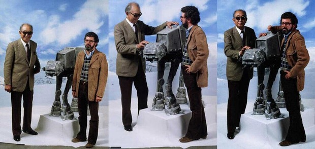 AKIRA KUROSAWA, GEORGE LUCAS y un AT-AT. En el rodaje de STAR WARS V